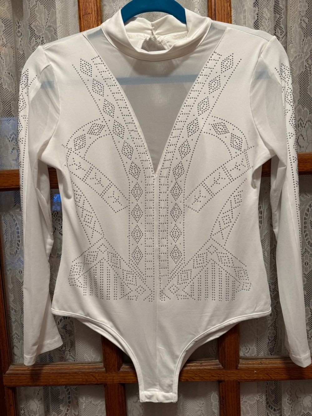 NWOT Women's White Long-Sleeve Rhinestone Bodysuit